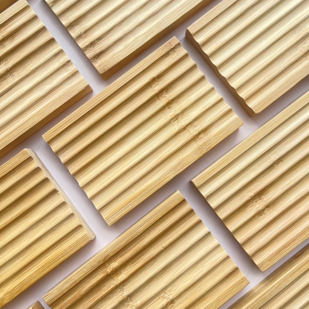 Rows of bamboo soap dishes on a diagonal pattern.