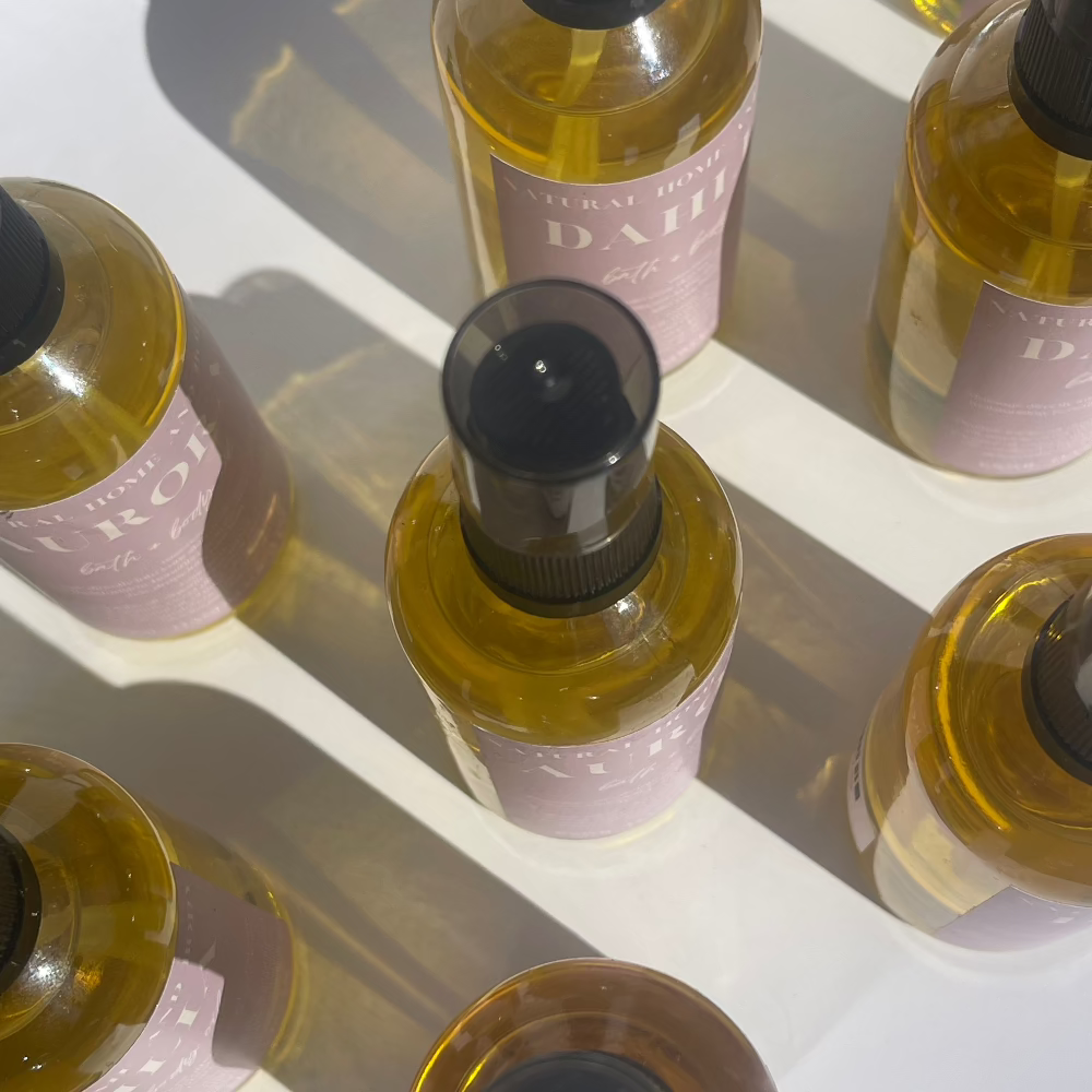 A bunch of body oils from bids eye view.