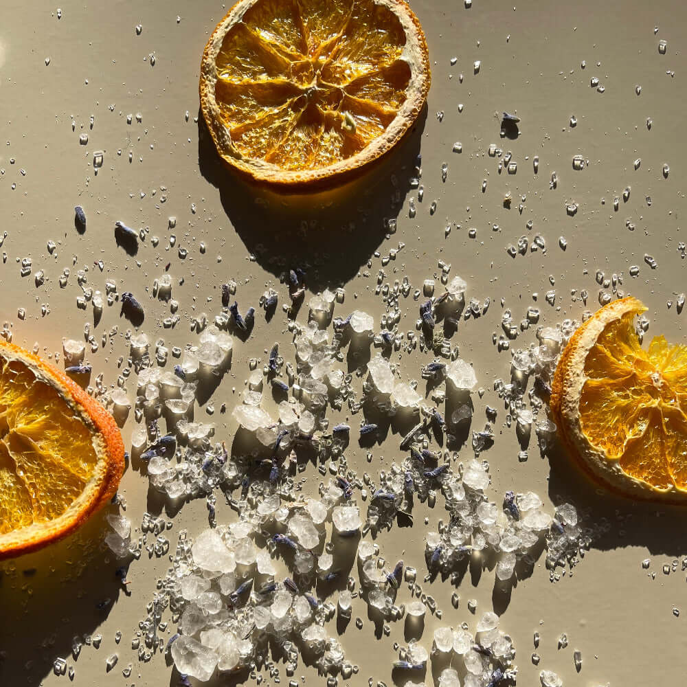 Surrender magnesium bath salts product on a beige background surface.