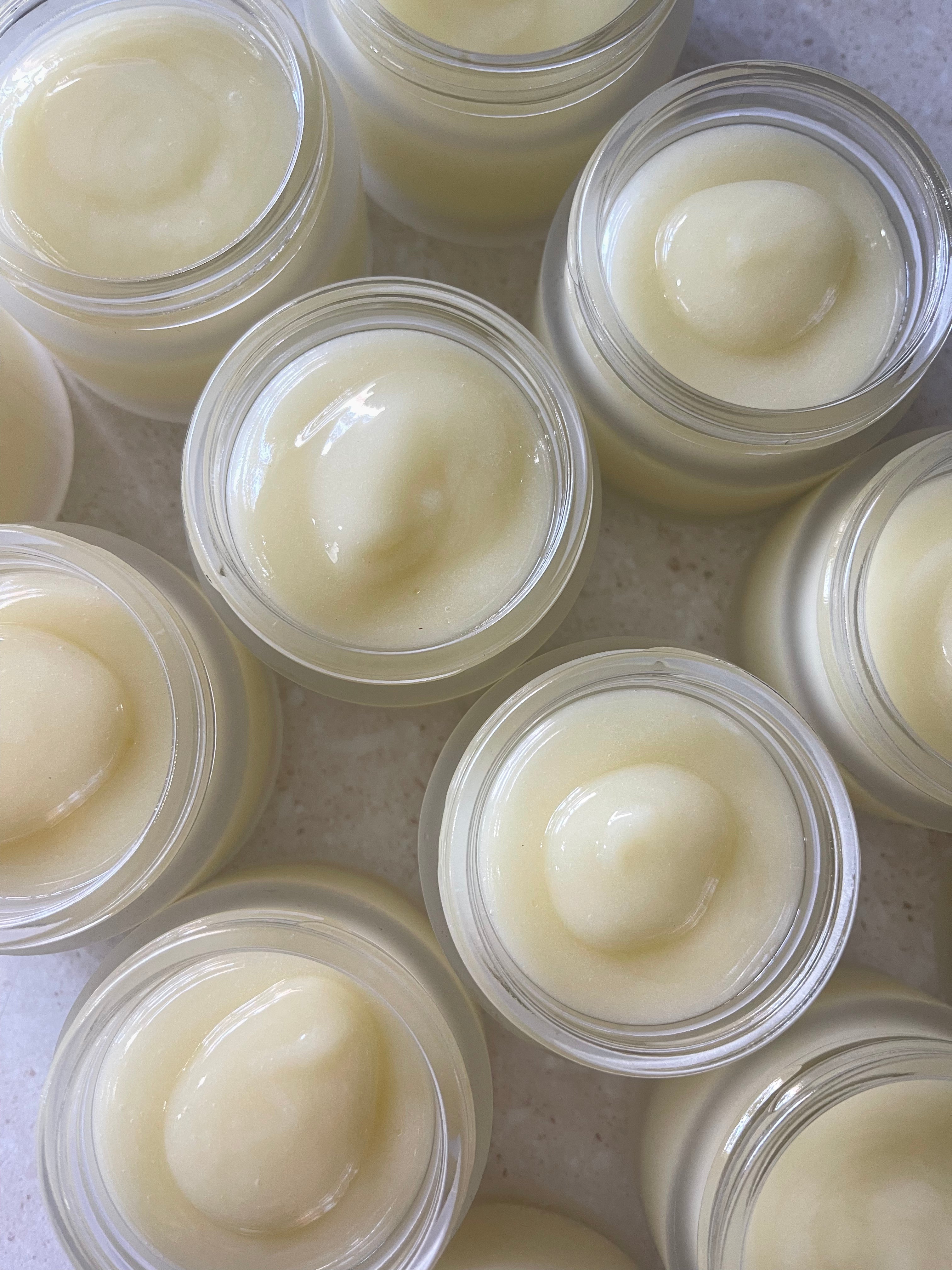 Jars of freshly made Organic Baby Balm, a product apart of our Organic Baby Skincare range.