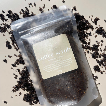 Coffee scrub, peppermint and vanilla.