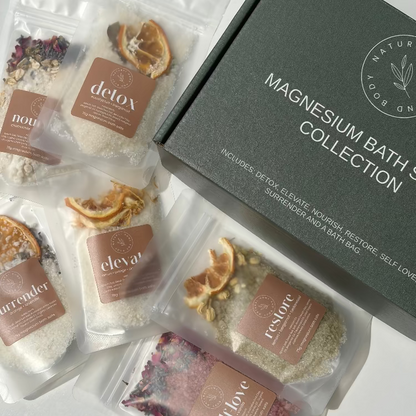 Magnesium bath collection with labeled packets and a box on a white background
