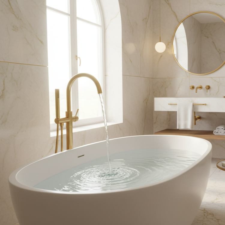 Running bath in a neutral/white bathroom and gold tapware.