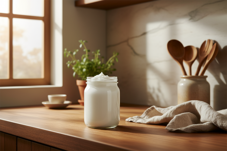 Jar of DIY soft scrub on a wooden kitchen counter with a window in the background