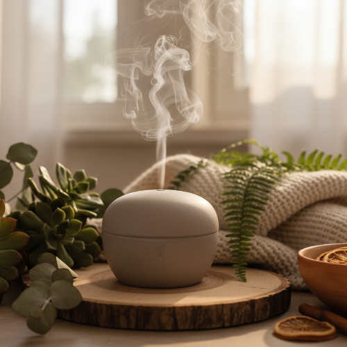 White diffuser emitting steam with plants and a bowl of oranges on a wooden surface.